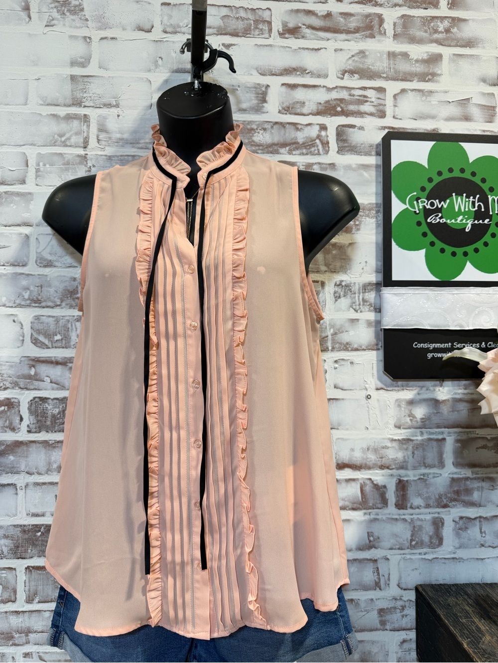 Pleione Blush Pink Sleeveless Ruffle Tie-Neck Blouse